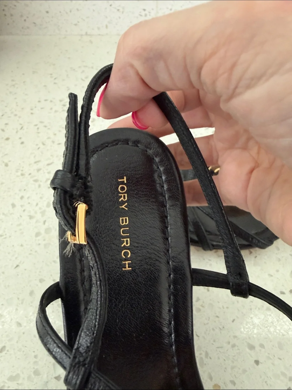 Tory Burch Capri Miller Strappy Wedge Sandals Perfect Black Gold Medallion